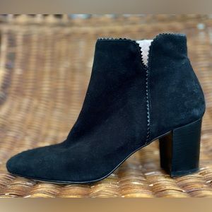 Minelli black suede heeled ankle boots leather zig zag trim detail size 40/US8